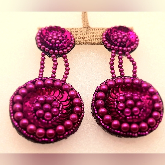 Handmade purple seed bead sequins clip on double drop party fahion earrings - Picture 3 of 6